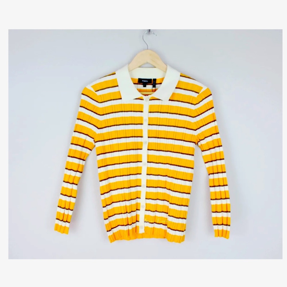 Theory Hudson Stripe Cardigan Sweater Top SOAP/ AMBER/ CEDAR